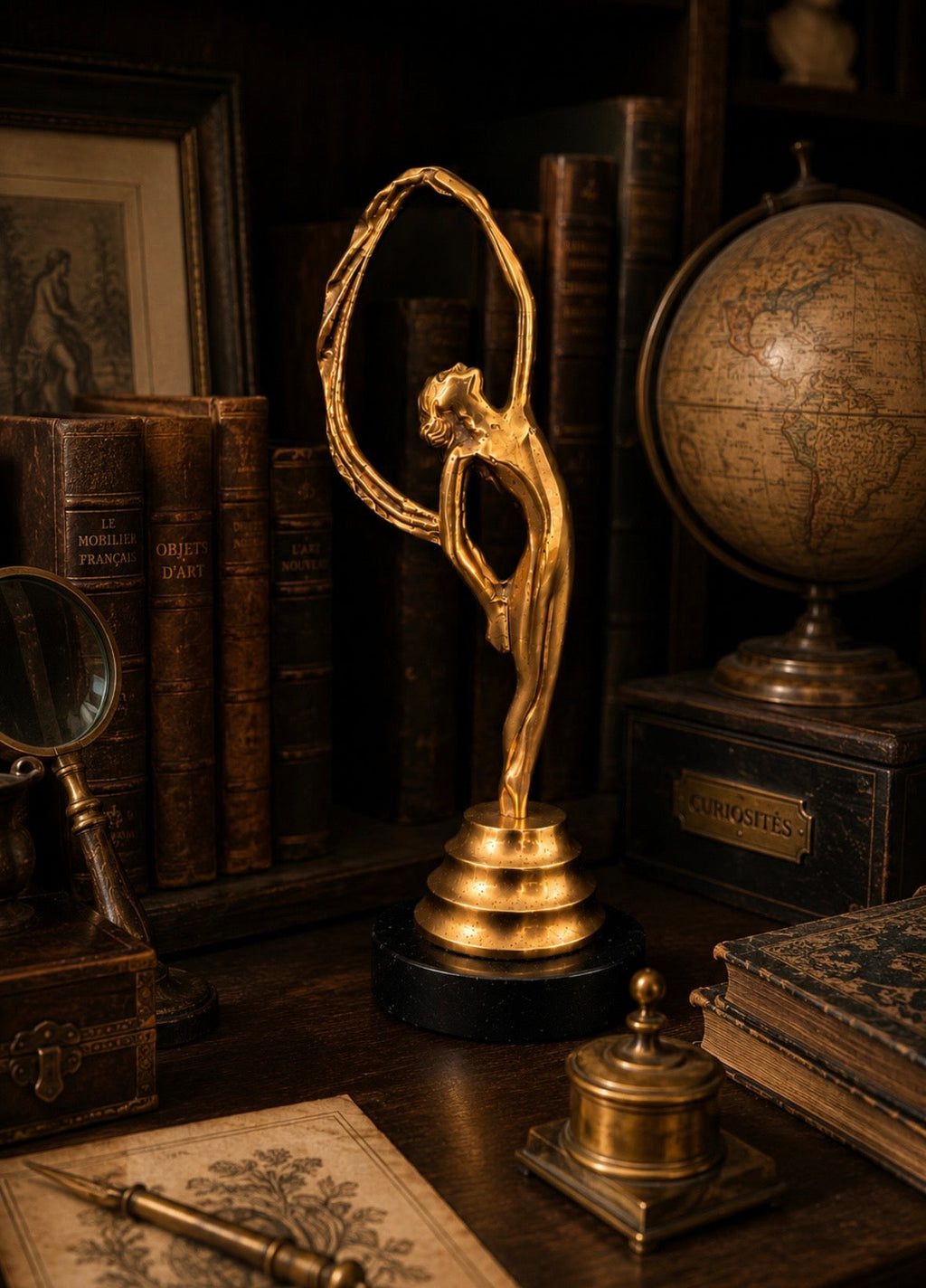 Sculpture féminine en laiton massif – Élégance Art nouveau, esprit Art déco