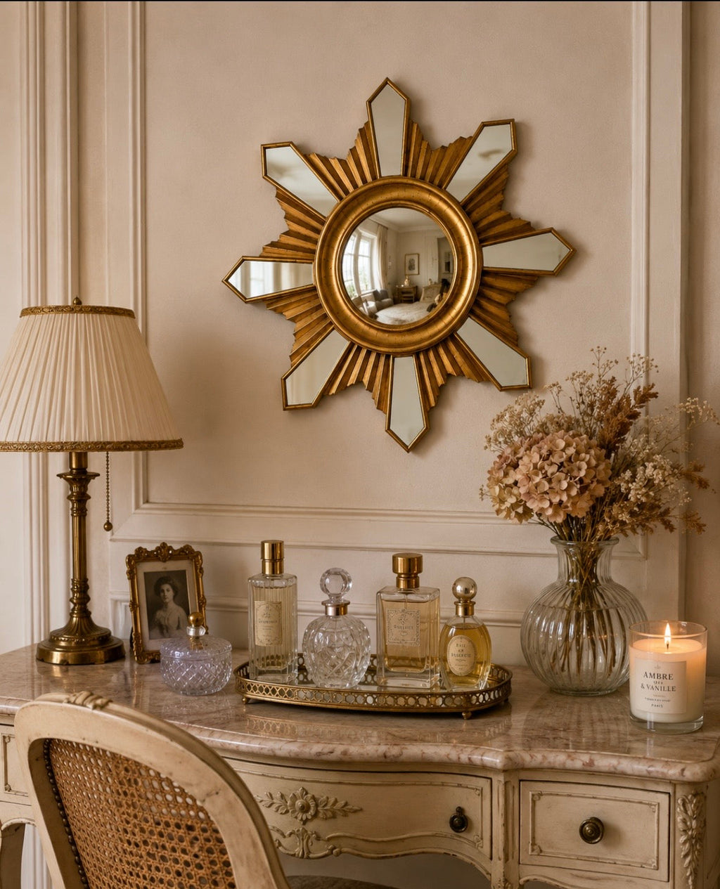 Miroir soleil vintage doré – 30 cm – Esprit Hollywood Regency