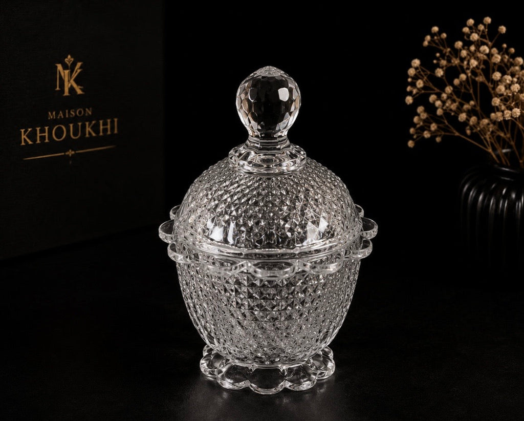Bonbonnière vintage en verre pressé à couvercle – Motif diamant