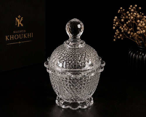 Bonbonnière vintage en verre pressé à couvercle – Motif diamant