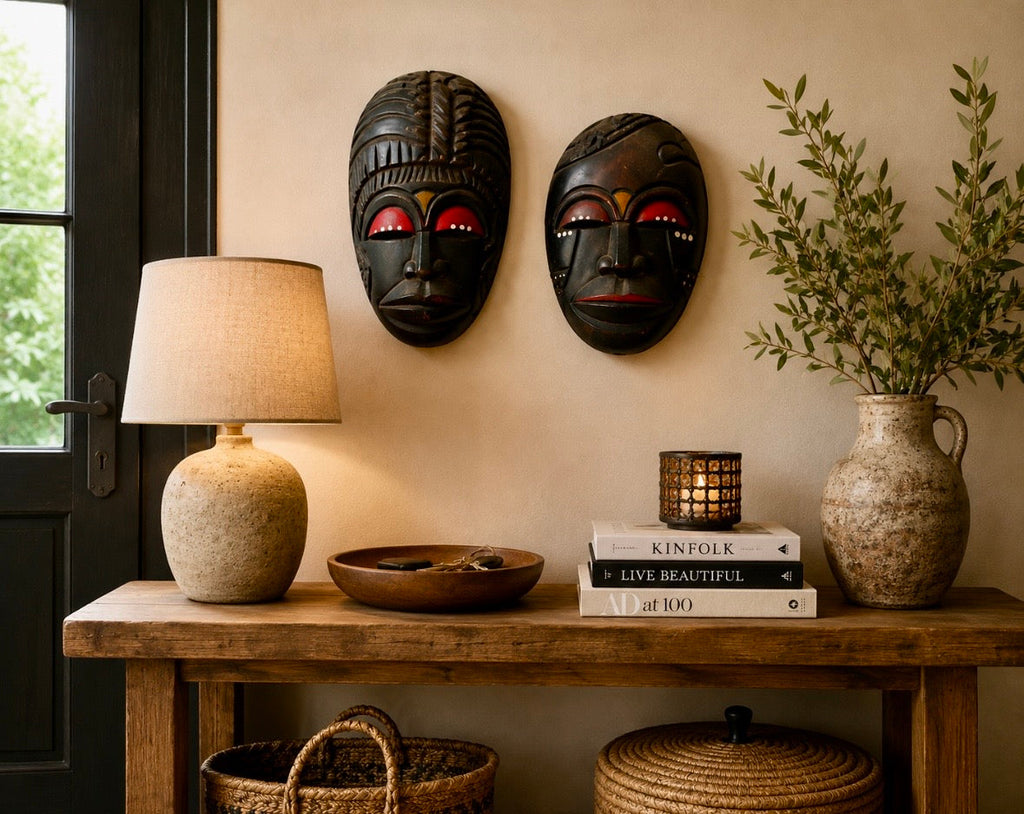 Paire de masques muraux vintage en bois sculpté – Inspiration art africain