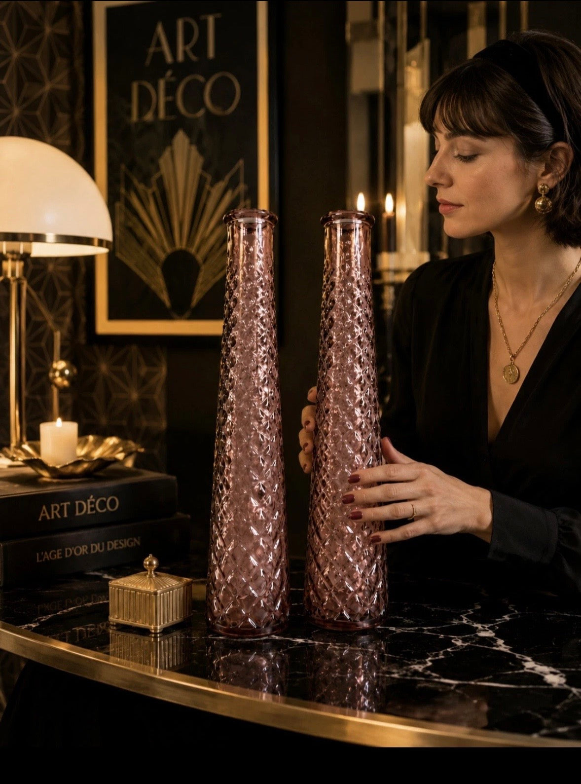 Paire de Vases Verre Rose Texturé — Motif Diamant Art Déco Boho Chic 23cm