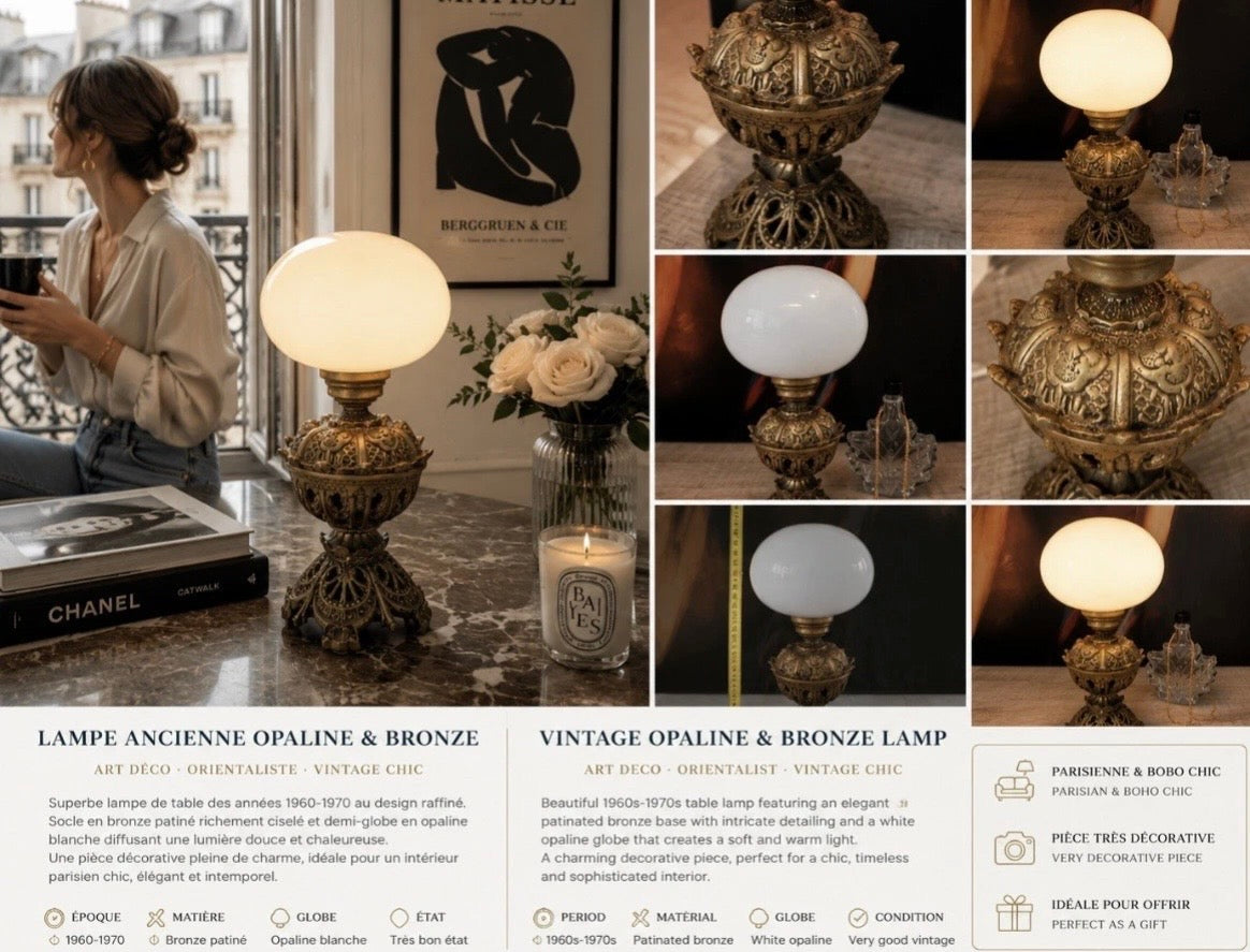 Lampe de table Art Déco — Opaline blanche & bronze patiné, années 1960–70