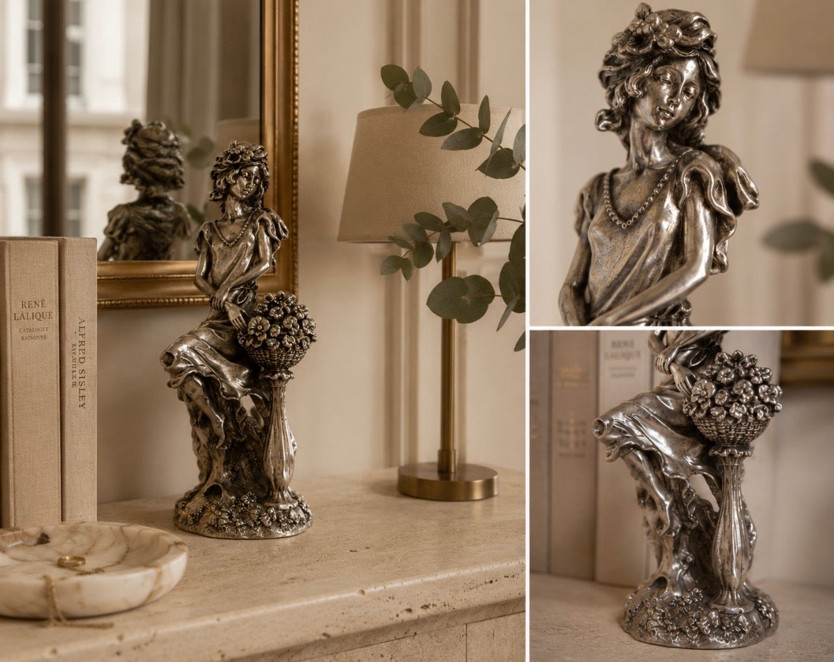Sculpture Art Nouveau — Femme aux fleurs en régule patiné, XXe siècle