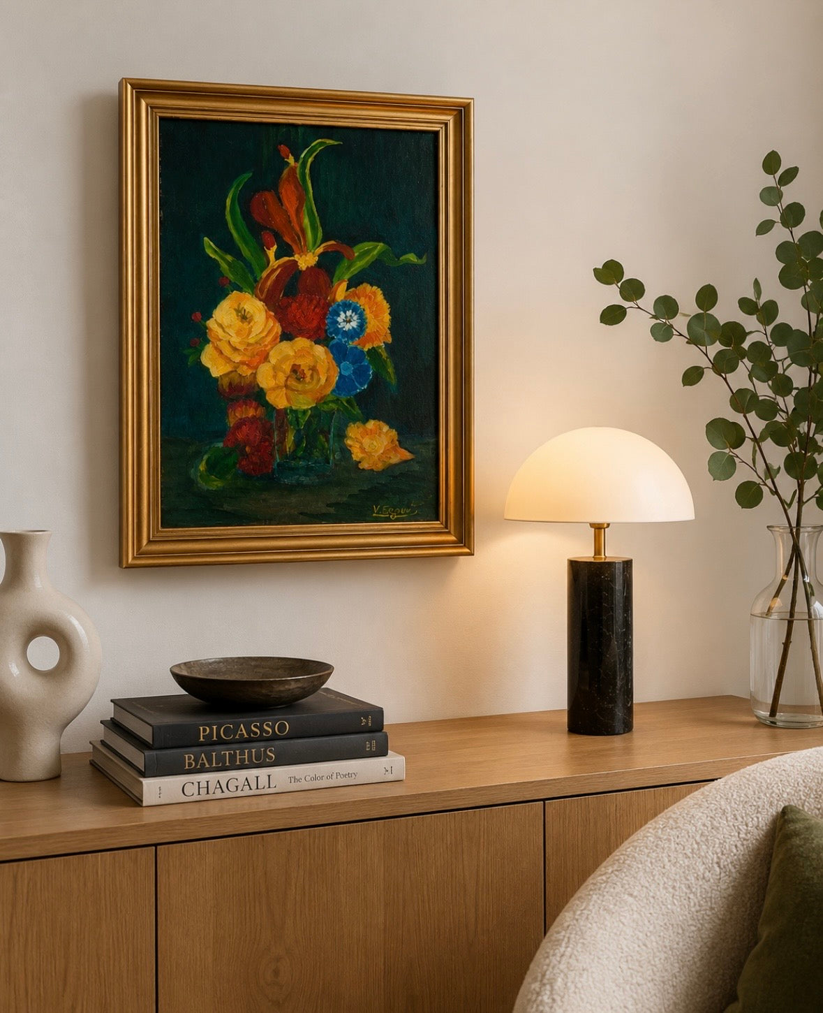 Peinture à l'huile vintage signée – Nature morte florale – Cadre doré