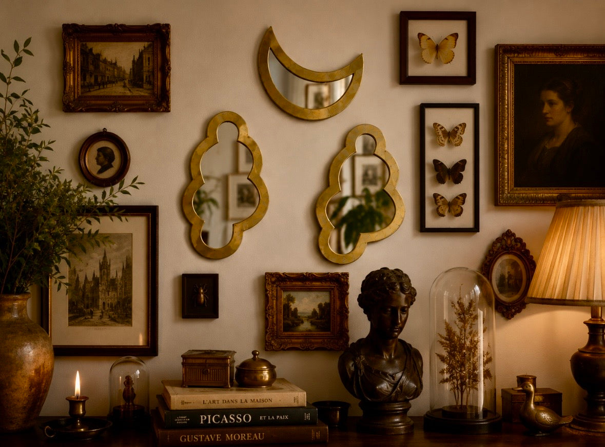 Trio de miroirs vintage en laiton nuages et croissant de lune sur fond blanc