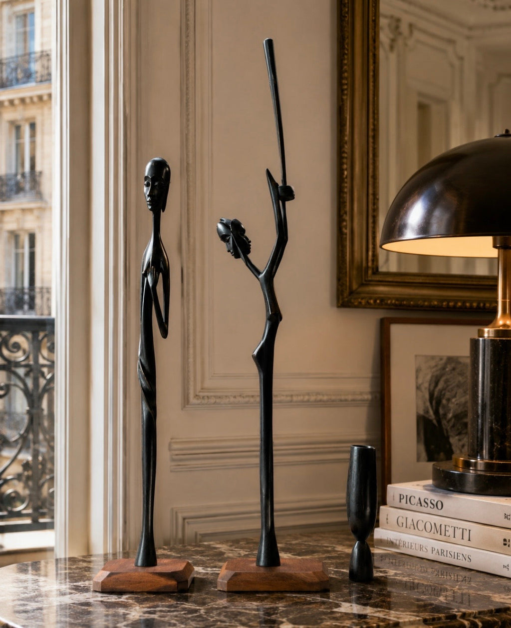 Duo de statues Massaï en bois d'ébène avec vase – Art africain sculpté