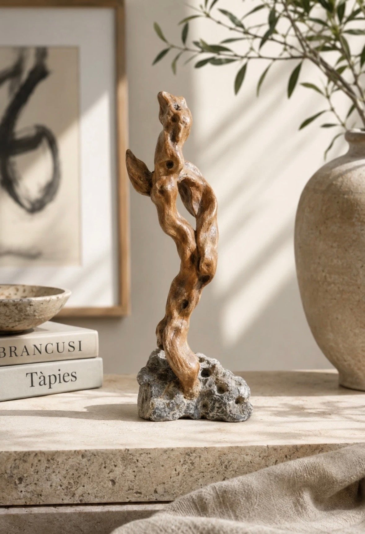Sculpture Signée Giuliano Carso — Bois Sculpté & Pierre Naturelle, 2000