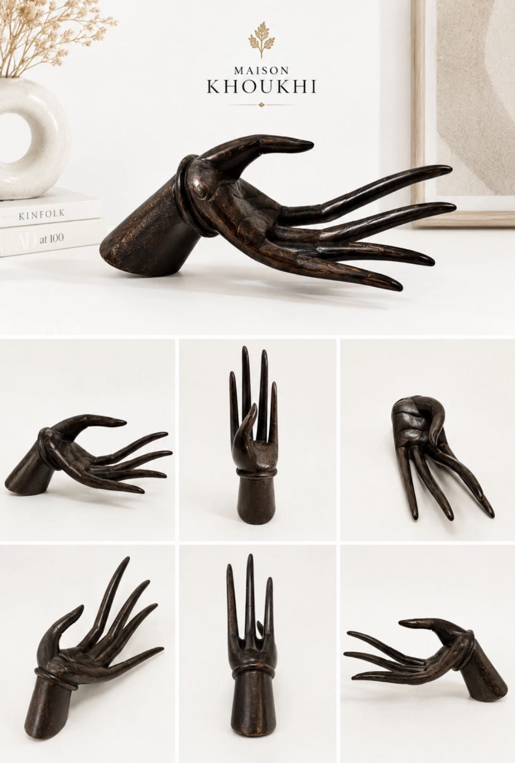 Main sculptée en bois exotique — Sculpture ethnique contemporaine, H. 19 cm