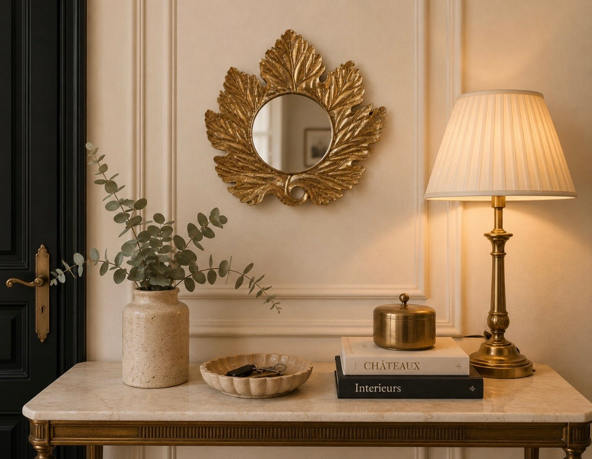 Miroir Vintage Mural Feuille Dorée – Hollywood Regency / Nature Chic – 27 cm