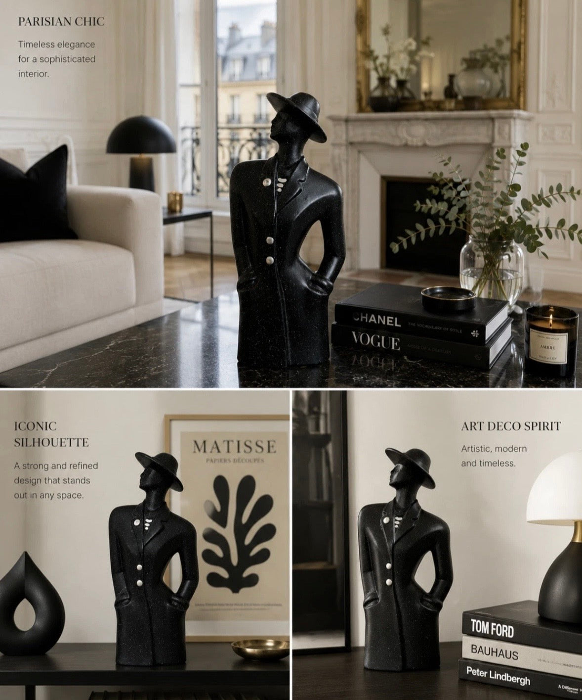 Sculpture femme Art Déco — Silhouette au chapeau, finition noire & argent, H. 32 cm