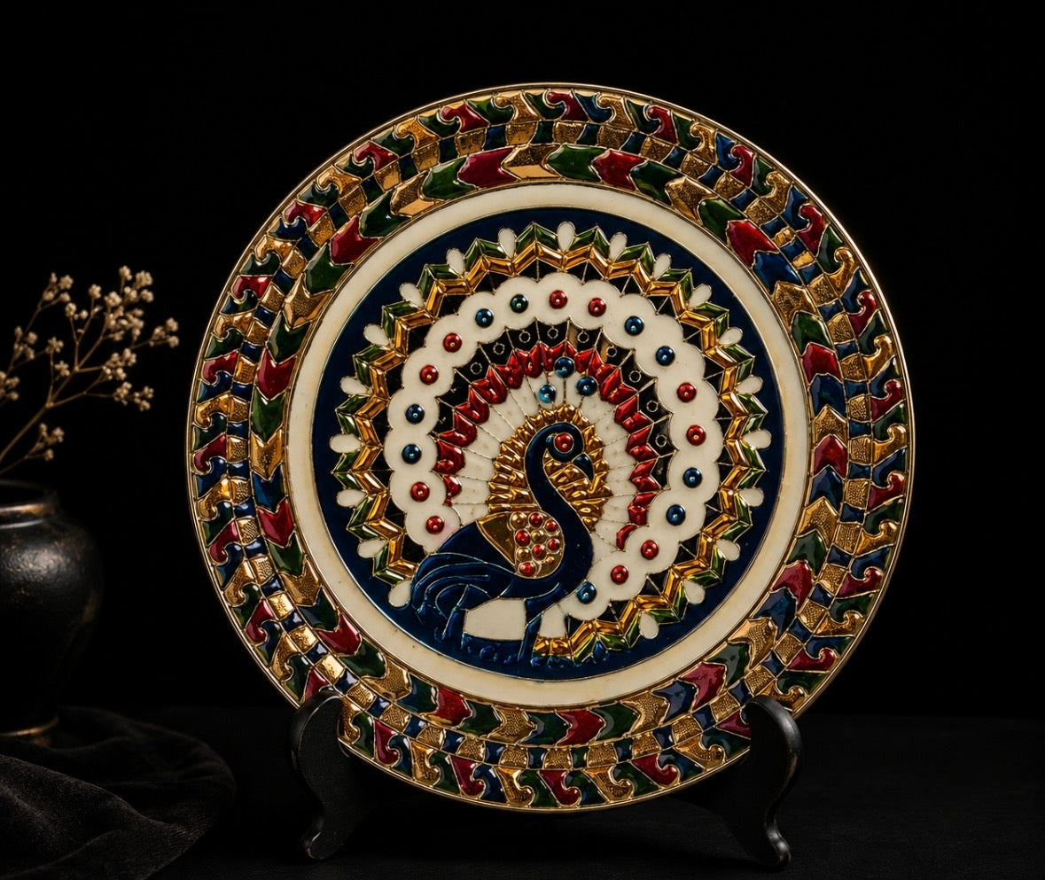 Assiette Décorative Vintage en Laiton Émaillé – Paon – Art Indien – 16 cm