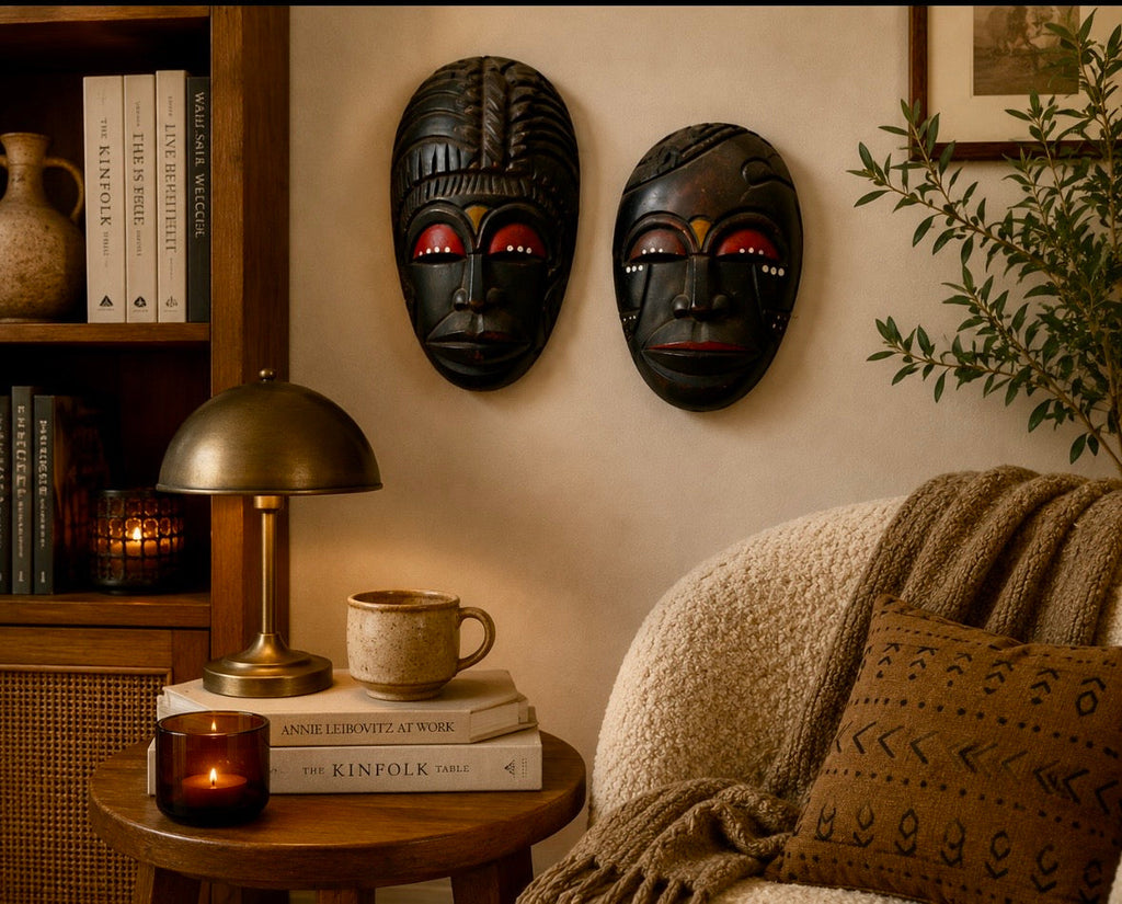 Paire de masques muraux vintage en bois sculpté – Inspiration art africain
