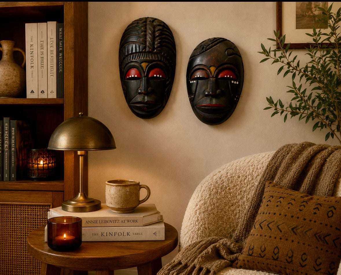 Paire de masques muraux vintage en bois sculpté – Inspiration art africain