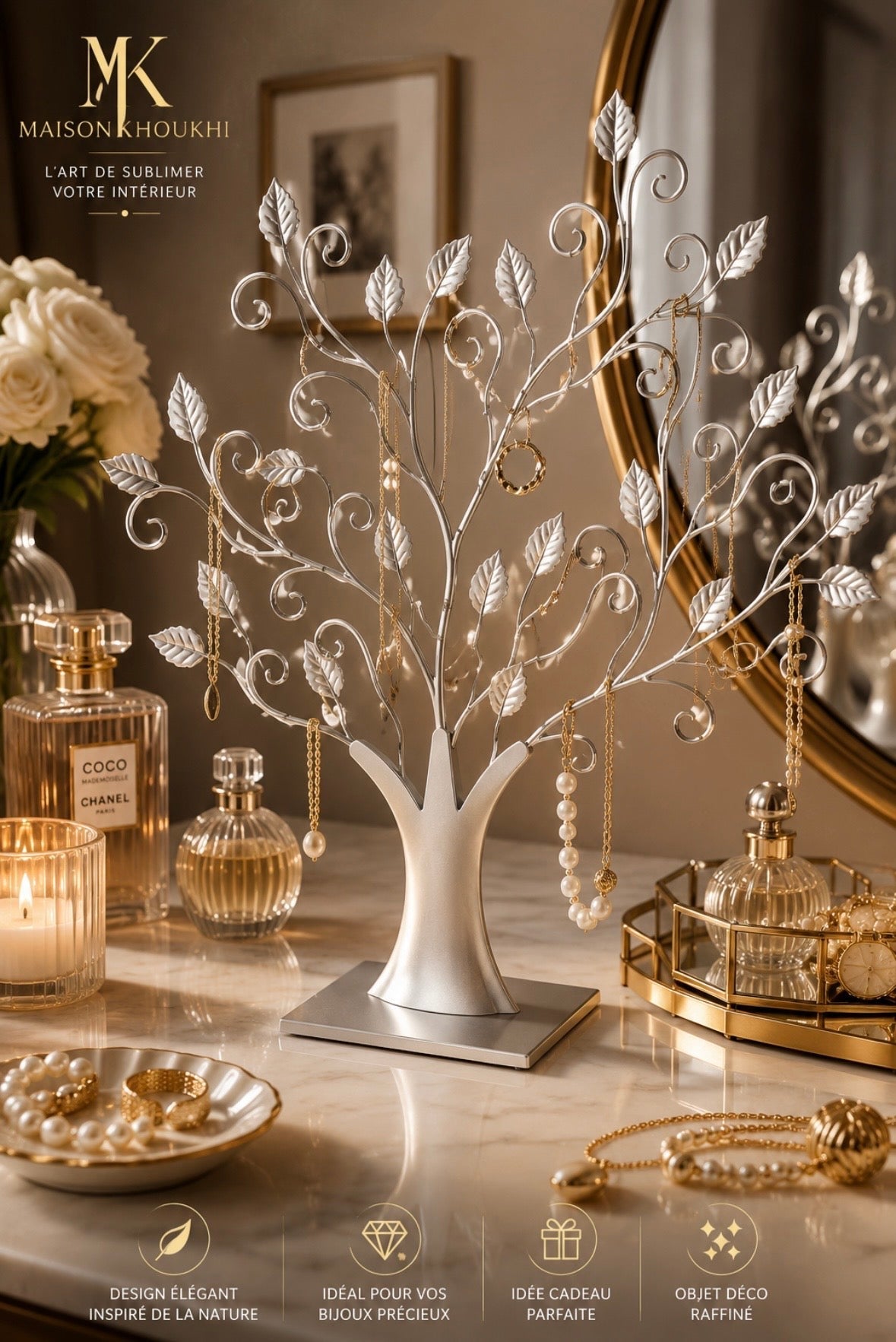 Arbre à Bijoux Décoratif en Métal Argenté – Sculpture Porte-Bijoux Design