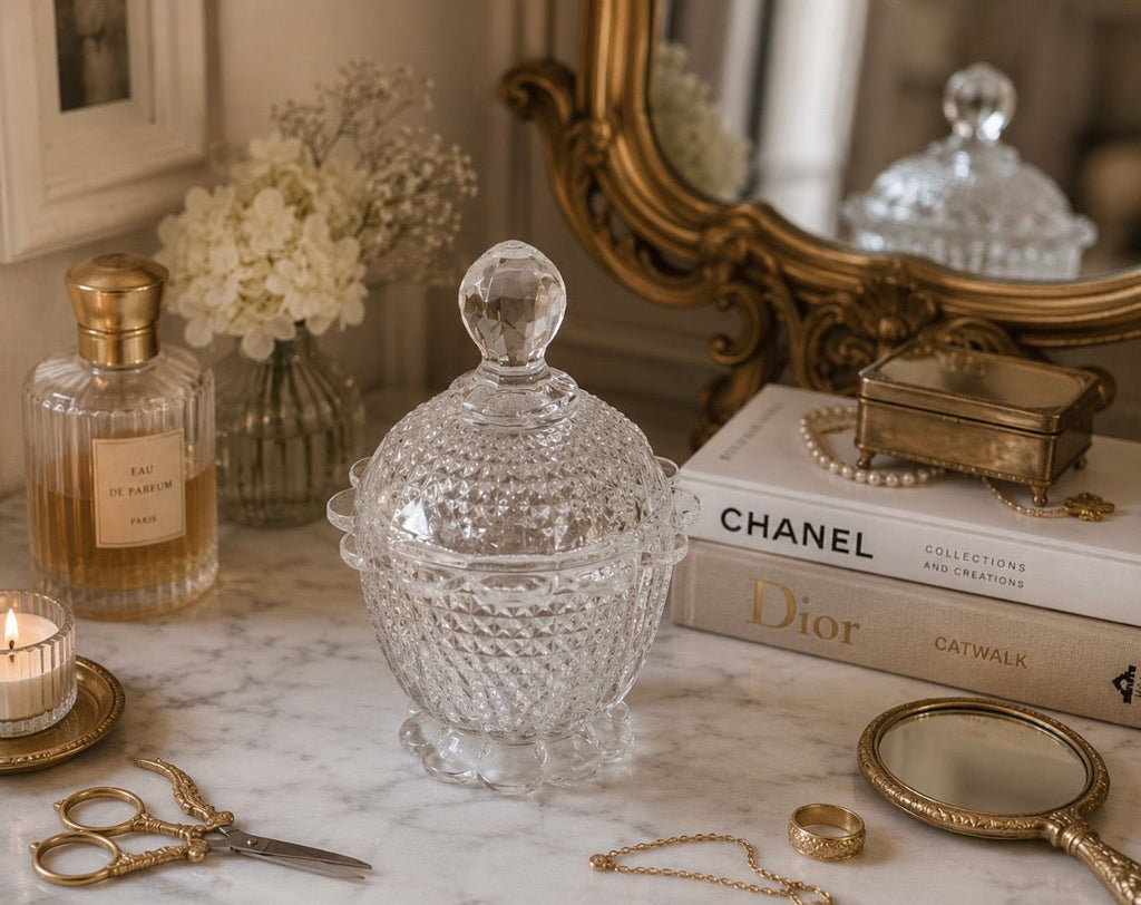 Bonbonnière vintage en verre pressé à couvercle – Motif diamant