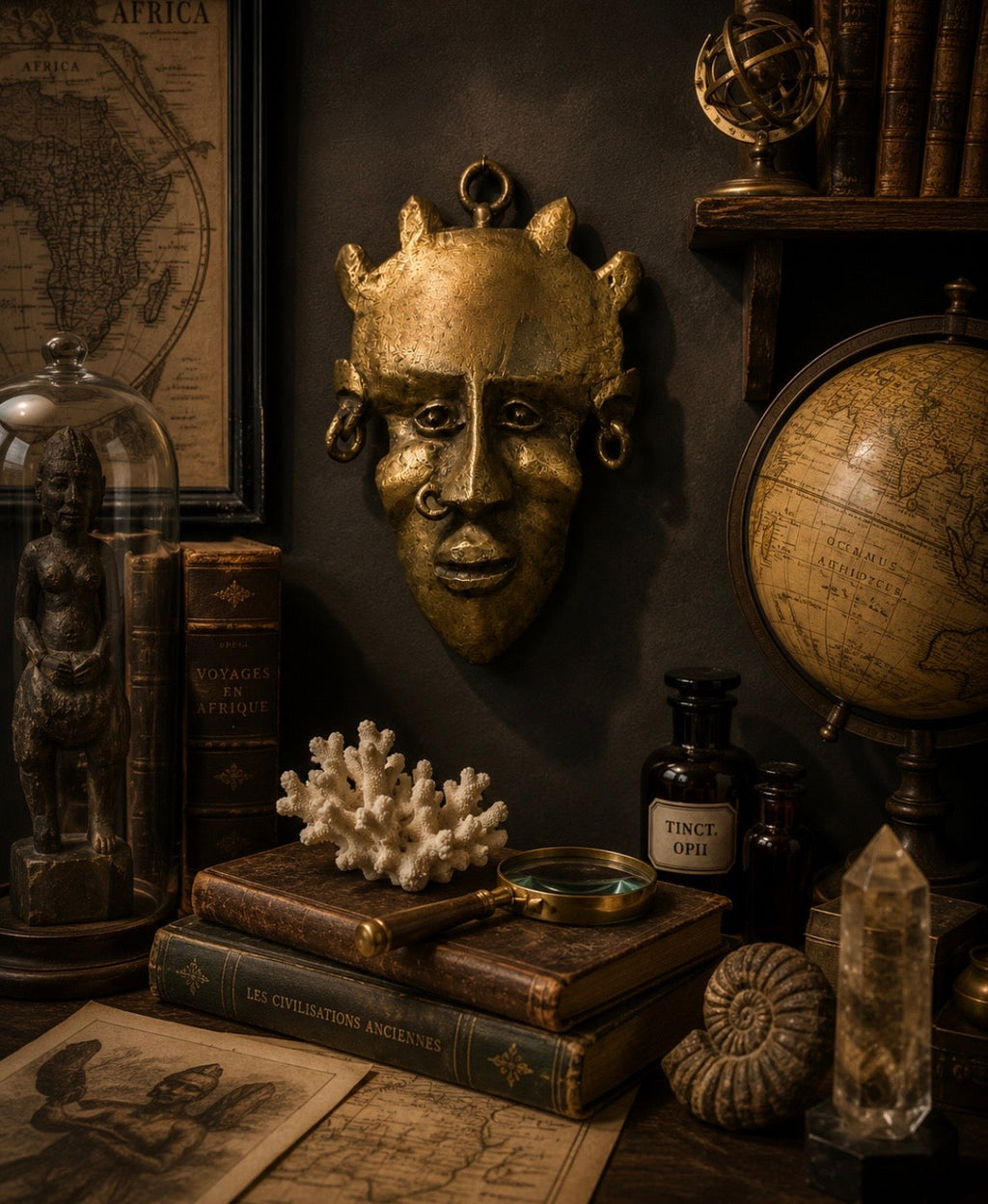 Masque mural décoratif en bronze – Visage stylisé