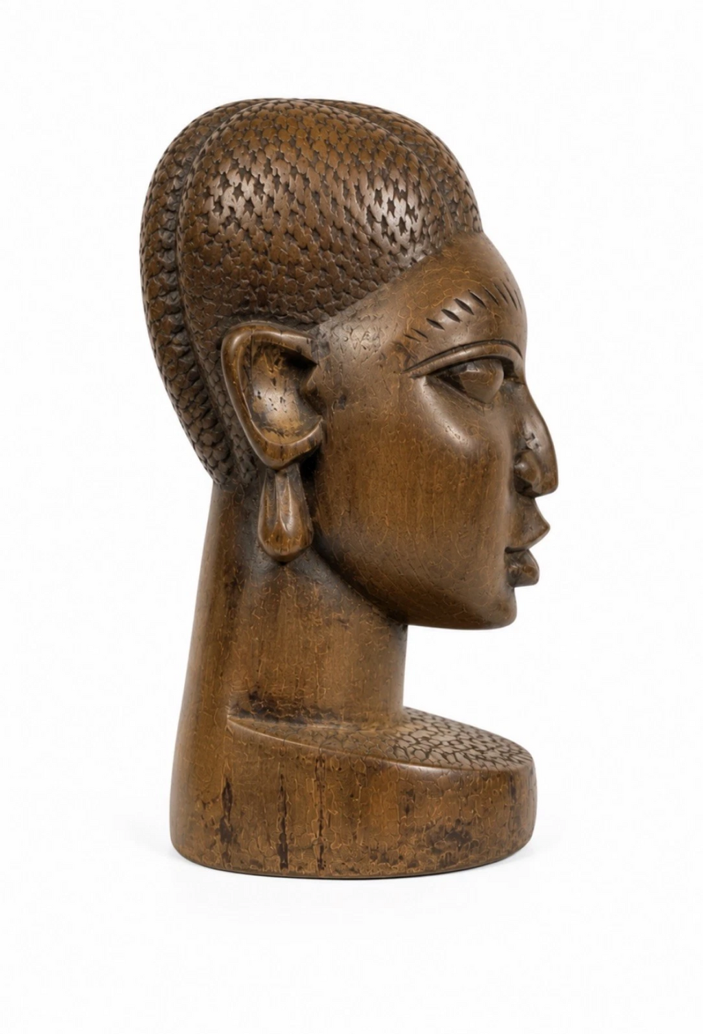 Buste féminin africain sculpté en bois massif — Patine ancienne, H. 18 cm