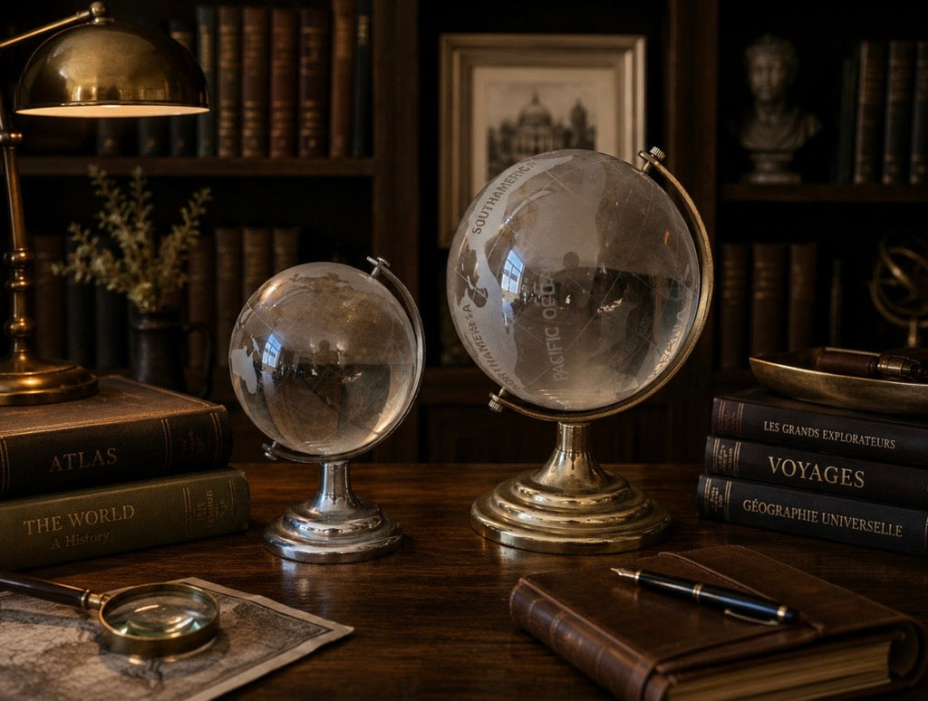 Globe terrestre décoratif en verre gravé – Lot de 2