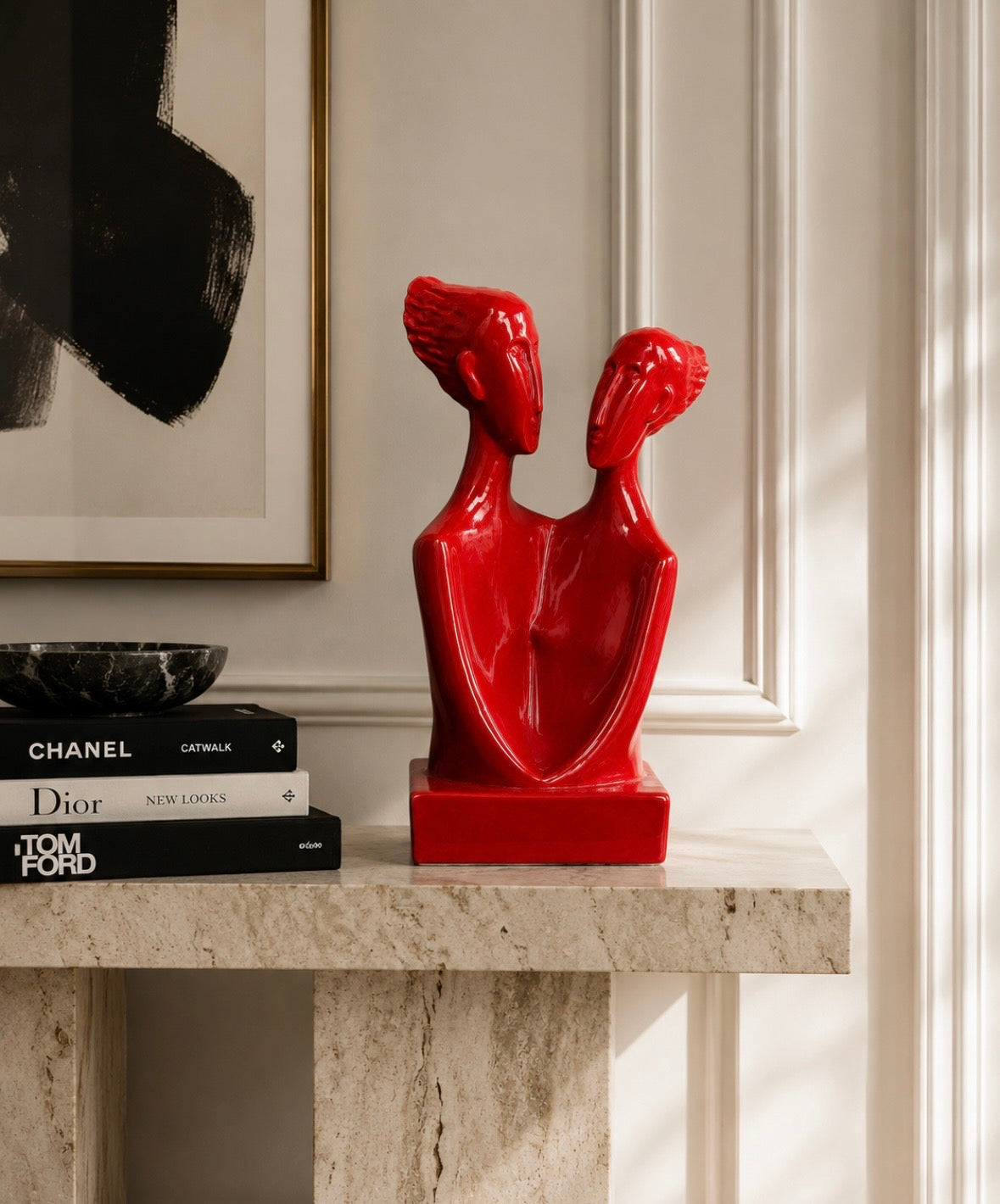 Statue contemporaine "Dialogue" en céramique rouge émaillée