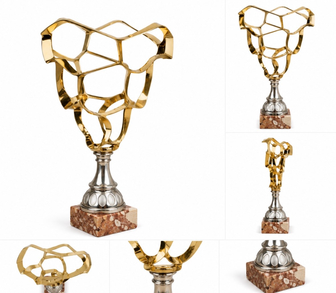 Sculpture abstraite vintage en métal doré sur socle en marbre – 35 cm