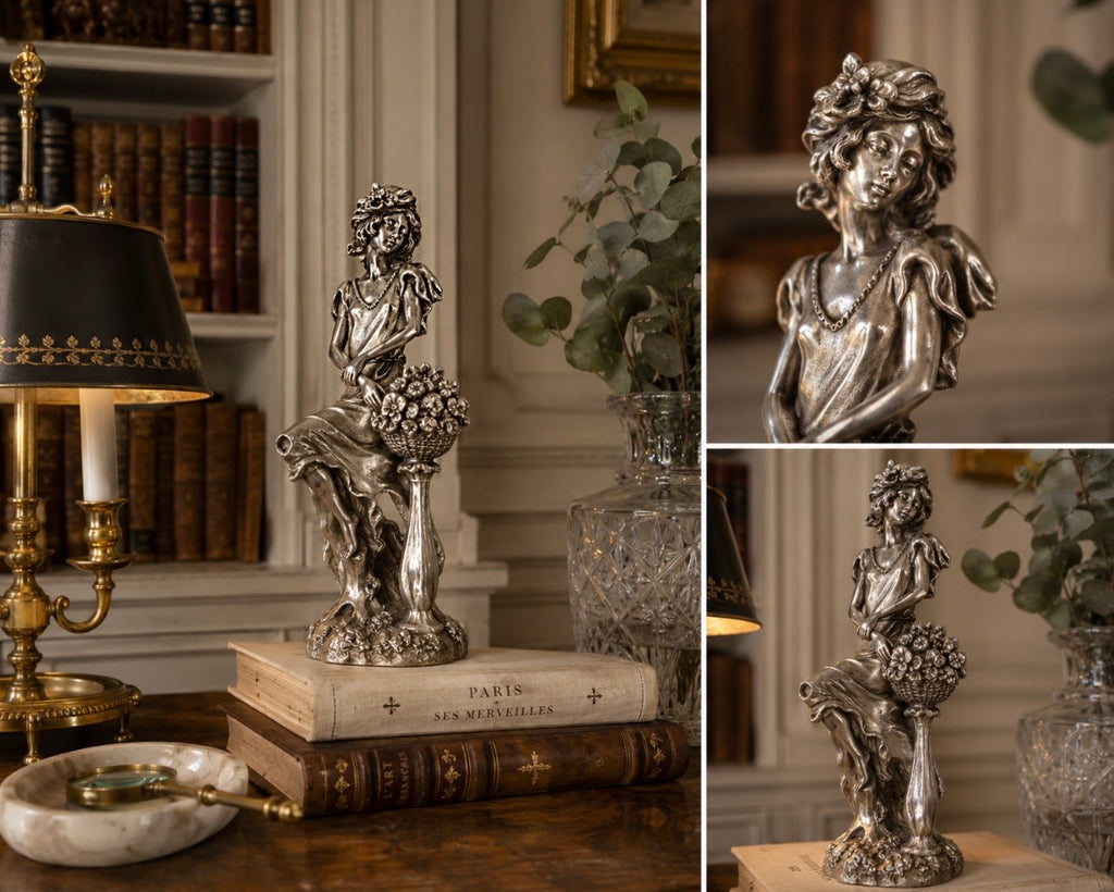 Sculpture Art Nouveau — Femme aux fleurs en régule patiné, XXe siècle