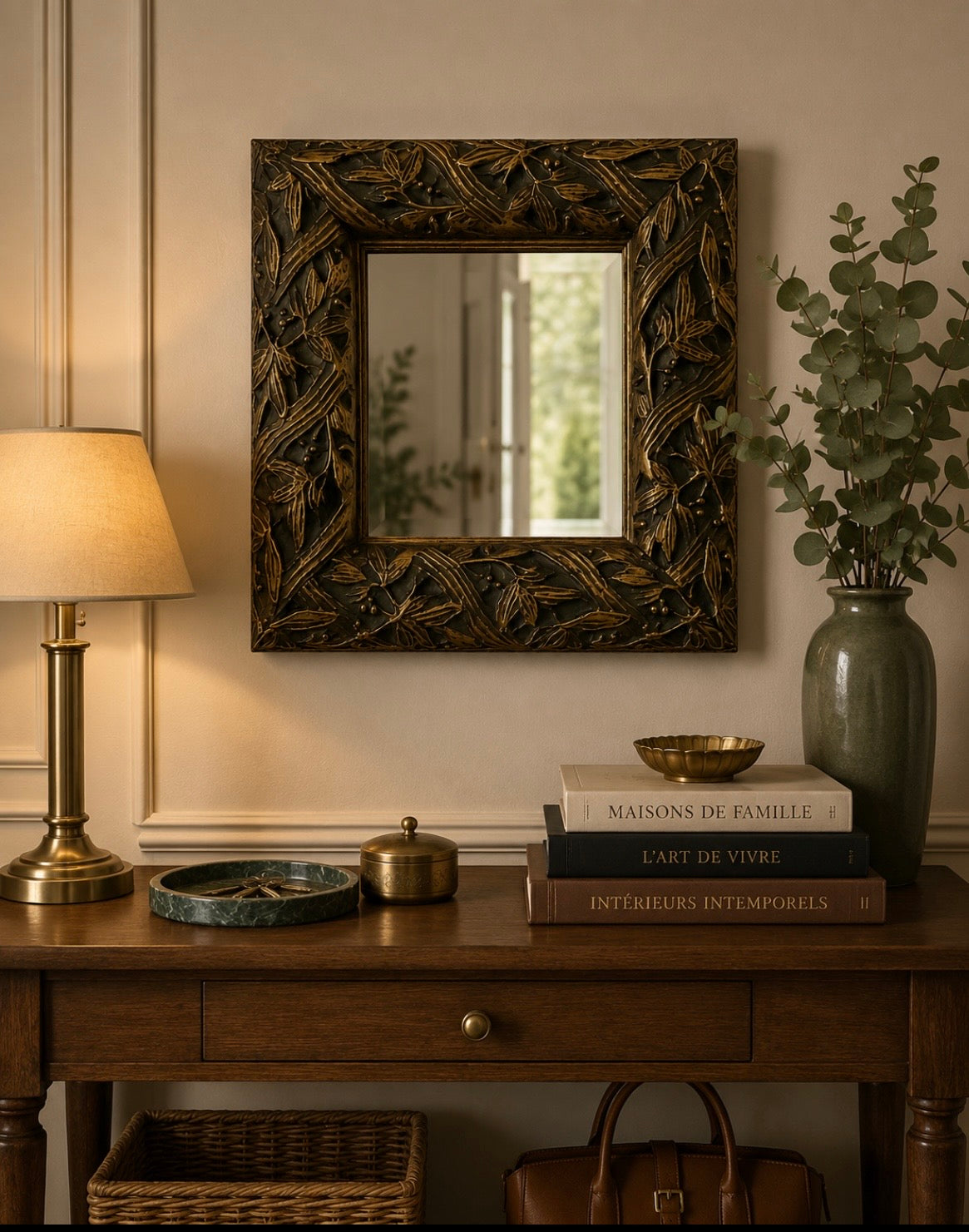 Miroir carré décoratif à décor végétal en relief – Style Art nouveau