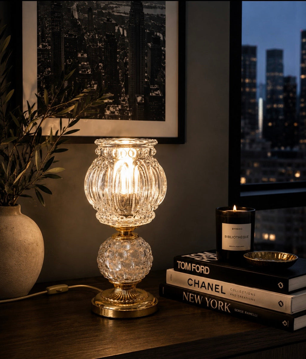Lampe vintage en verre texturé et métal doré – Années 70