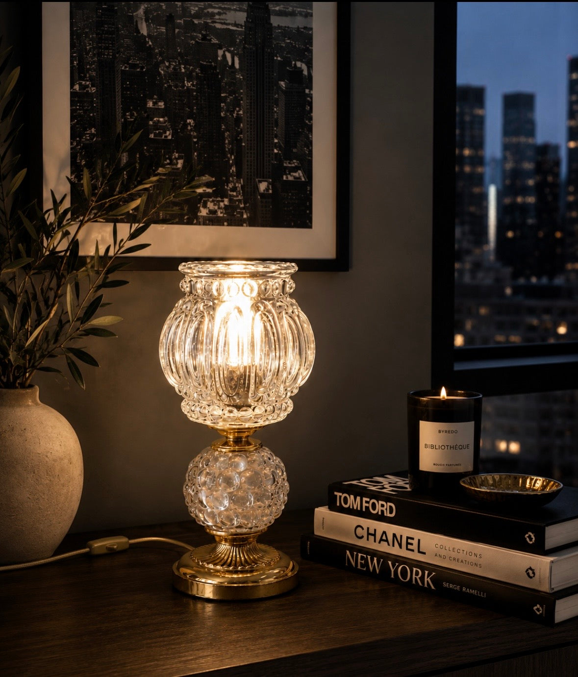 Lampe vintage en verre texturé et métal doré – Années 70