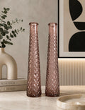 Paire de Vases Verre Rose Texturé — Motif Diamant Art Déco Boho Chic 23cm