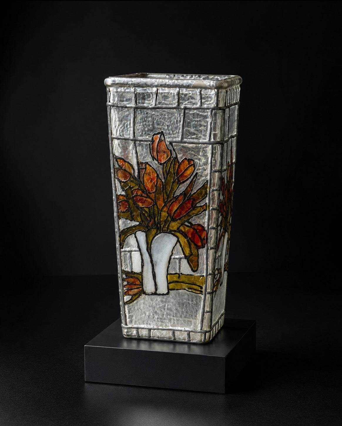 Vase vintage décor vitrail – Tulipes multicolores – Verre texturé