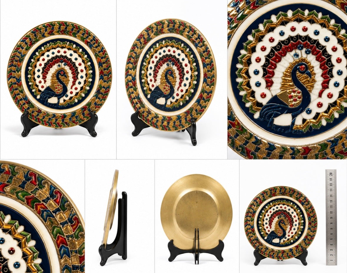 Assiette Décorative Vintage en Laiton Émaillé – Paon – Art Indien – 16 cm