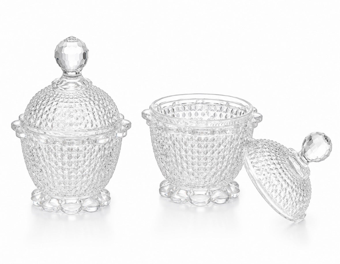 Bonbonnière vintage en verre pressé à couvercle – Motif diamant