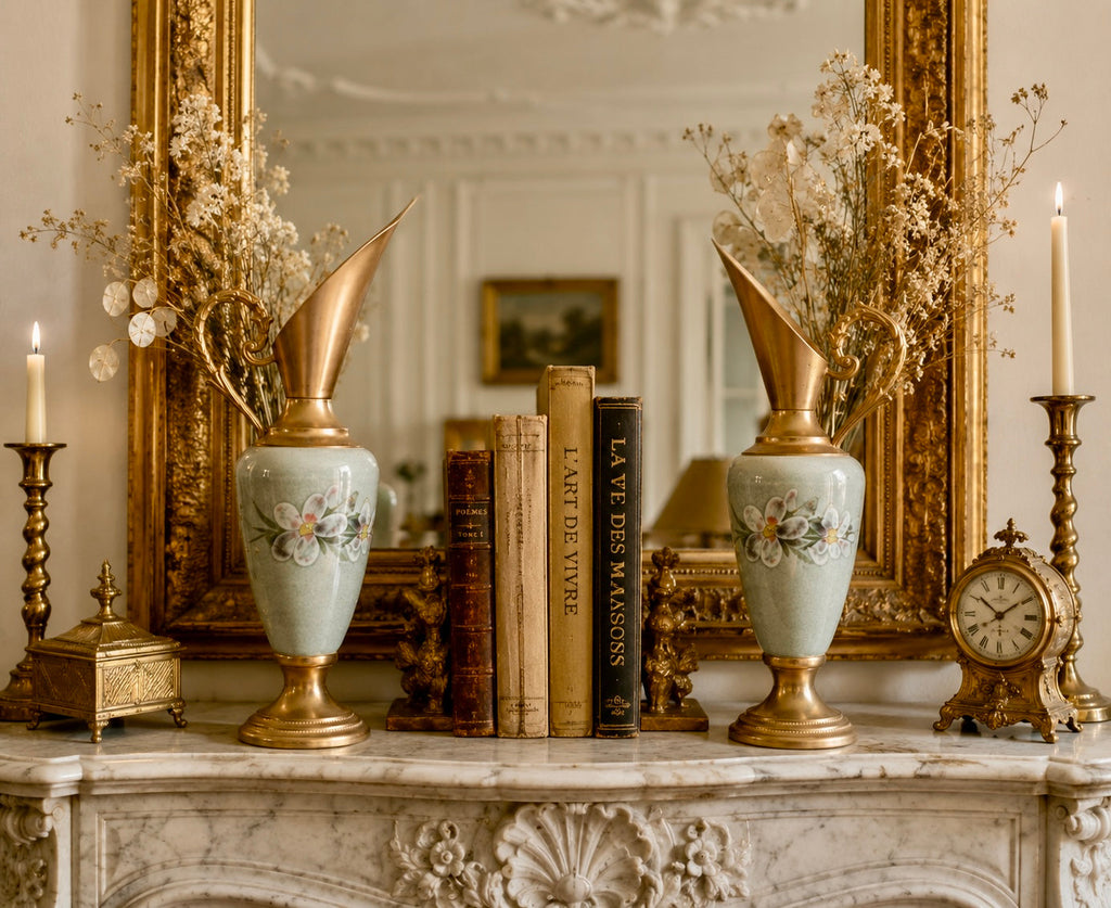 Paire de vases aiguières vintage en céramique et métal doré – 25 cm