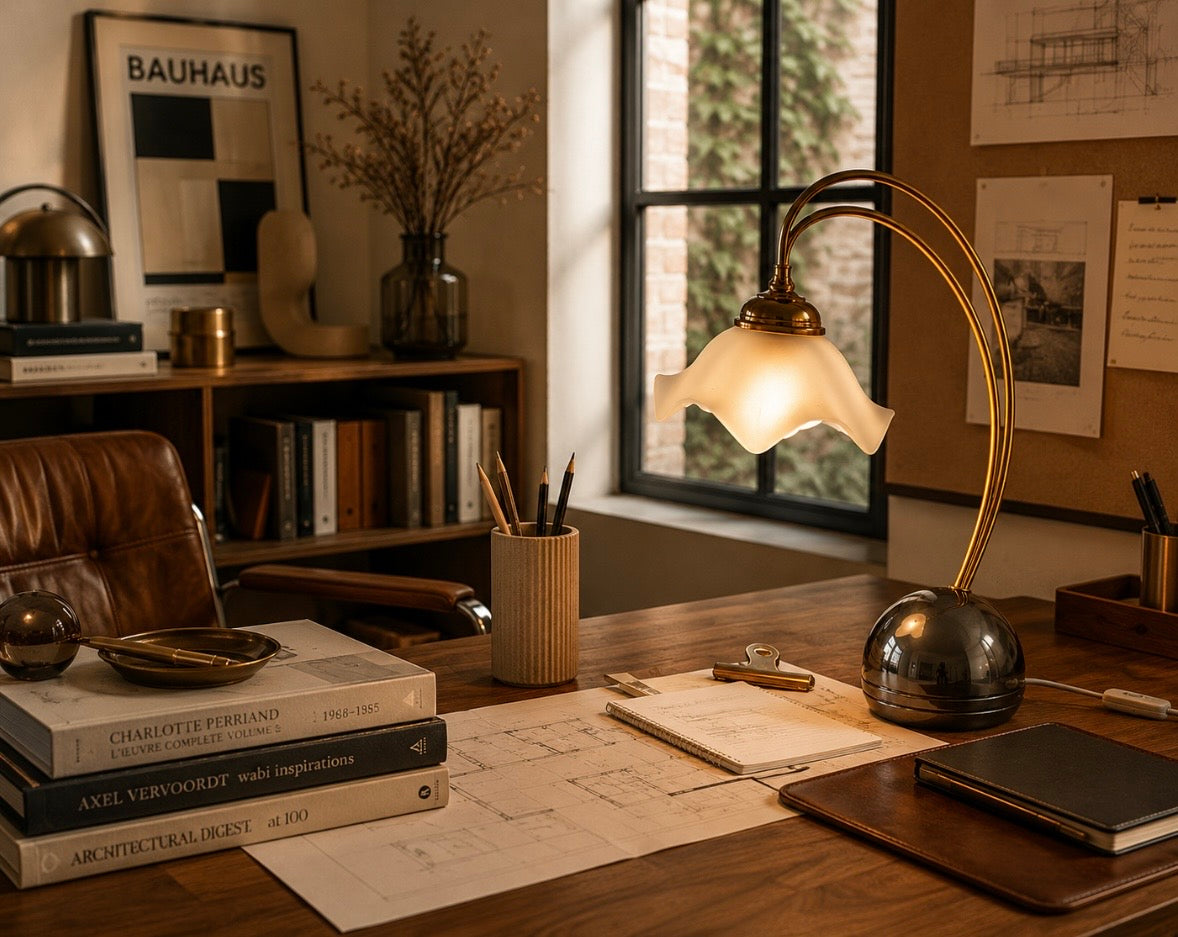 Lampe vintage arche – Verre satiné en forme de fleur et métal finition laiton