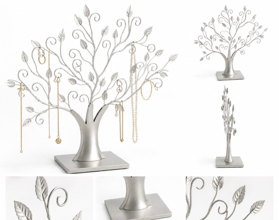 Arbre à Bijoux Décoratif en Métal Argenté – Sculpture Porte-Bijoux Design