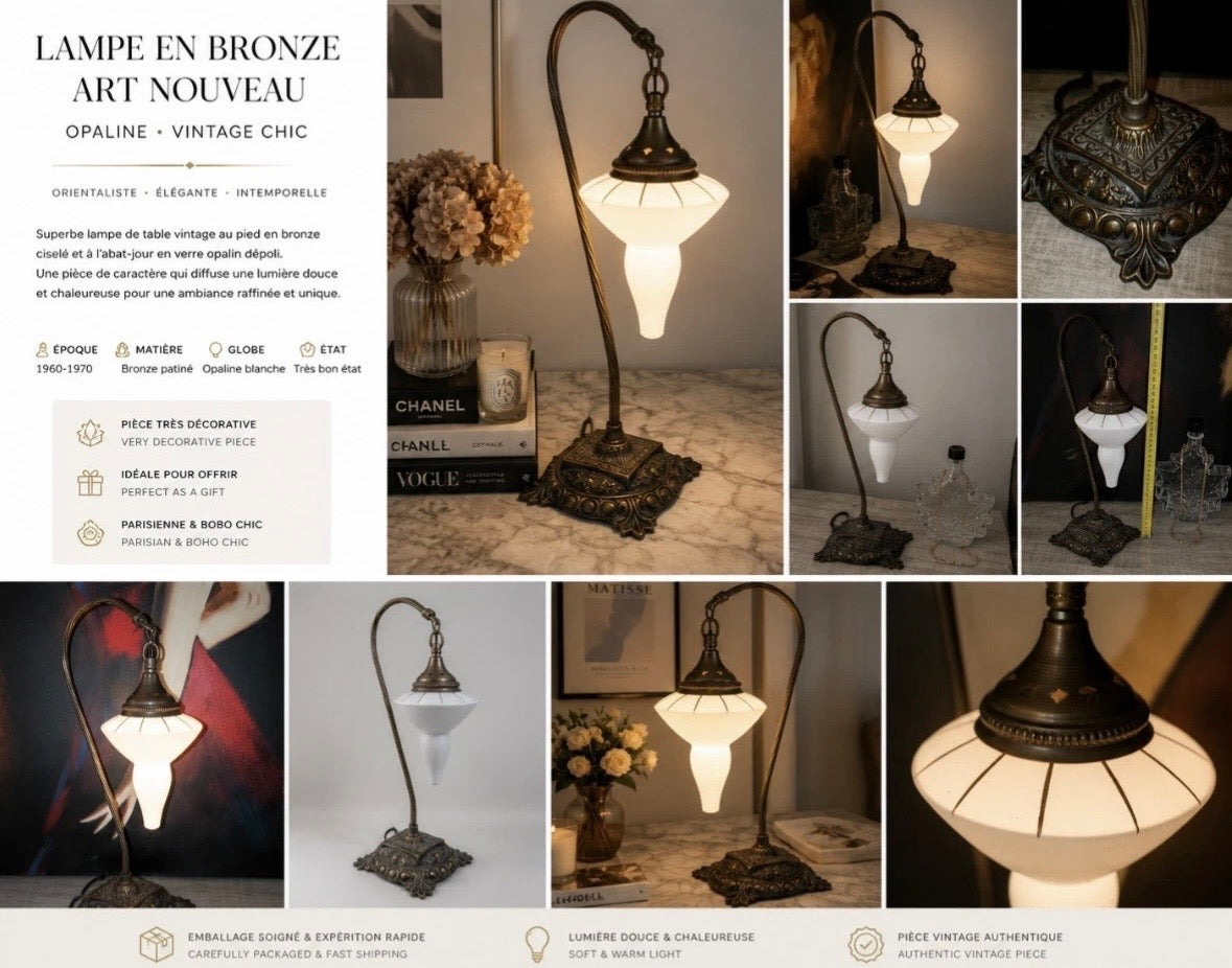 Lampe de table Art Nouveau — Bronze ciseleté & opaline dépoli, années 1960–70