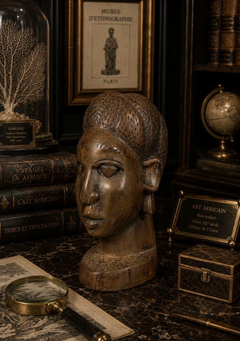 Buste féminin africain sculpté en bois massif — Patine ancienne, H. 18 cm