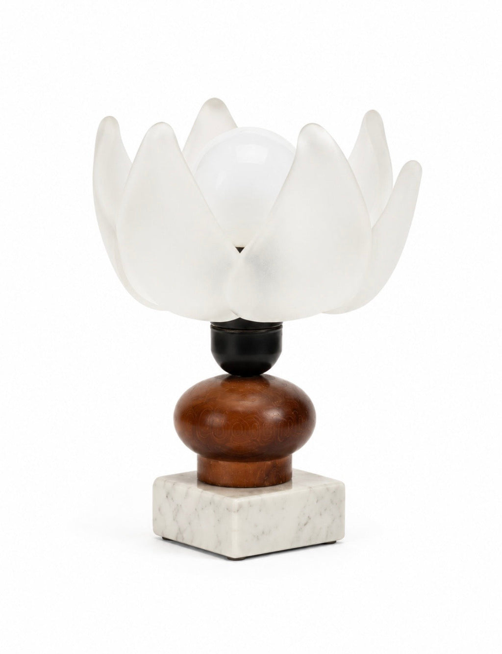 Lampe vintage fleur – Verre dépoli, bois tourné et marbre