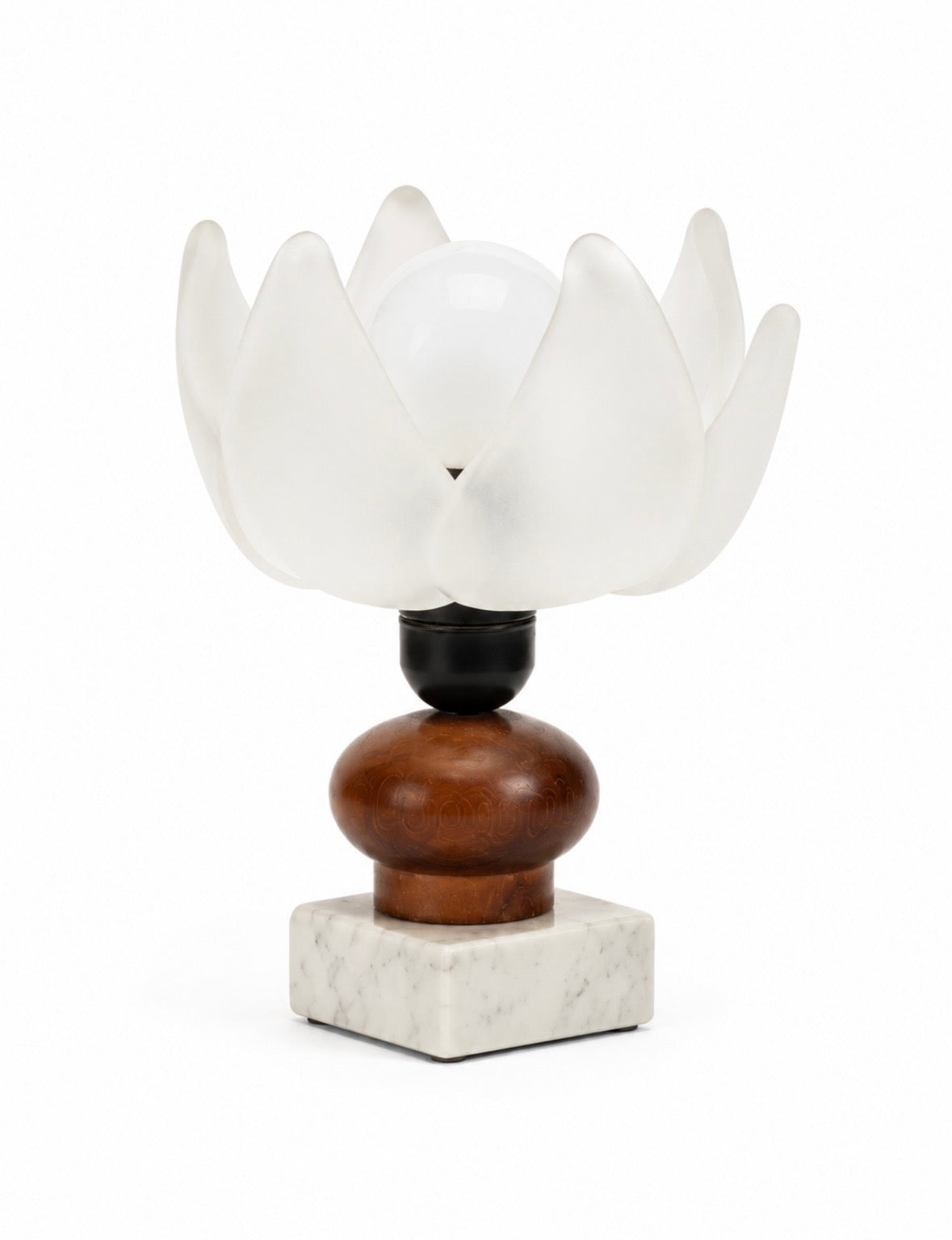 Lampe vintage fleur – Verre dépoli, bois tourné et marbre