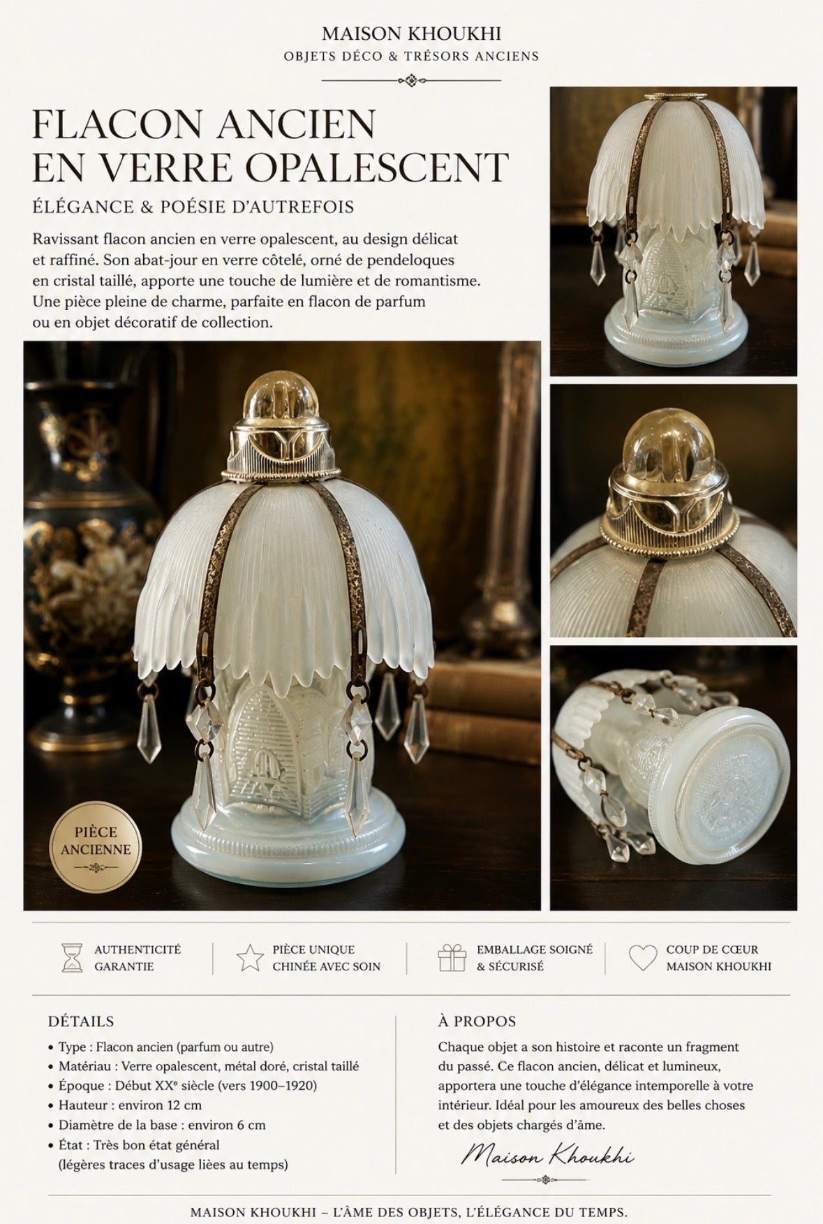Flacon ancien en verre opalescent à pampilles – Élégance Belle Époque