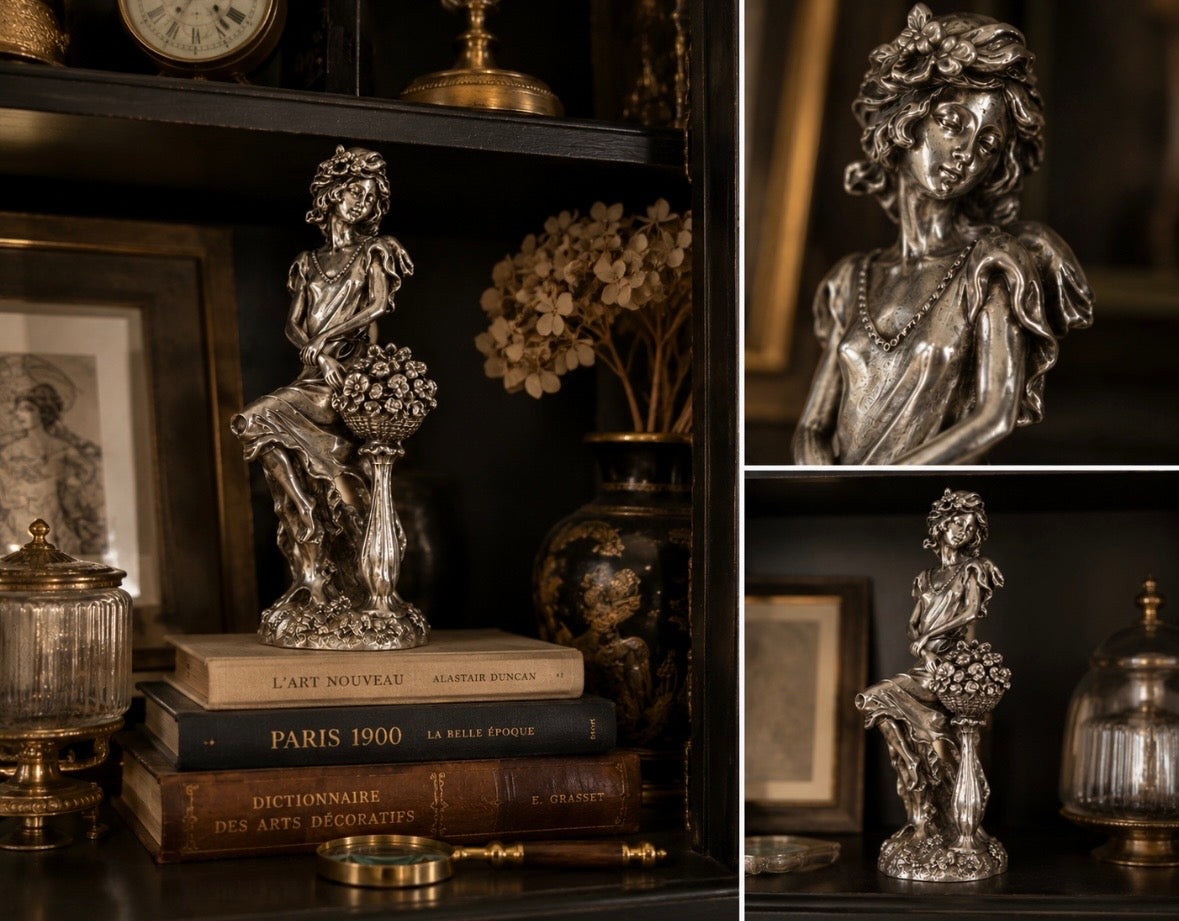 Sculpture Art Nouveau — Femme aux fleurs en régule patiné, XXe siècle