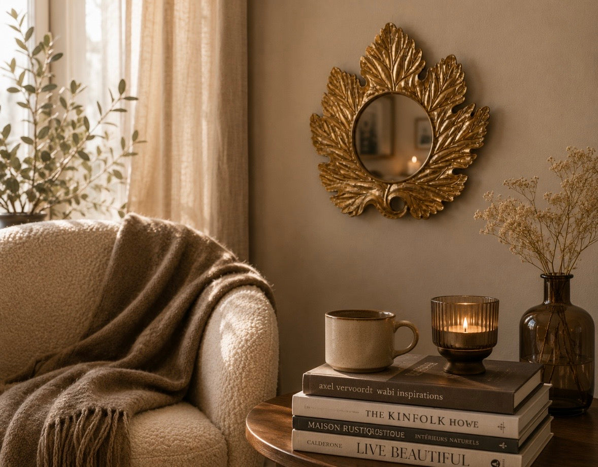 Miroir Vintage Mural Feuille Dorée – Hollywood Regency / Nature Chic – 27 cm