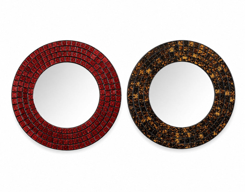 Lot de 2 miroirs mosaïque vintage – Rouge rubis & Brun doré – Ø 20 cm