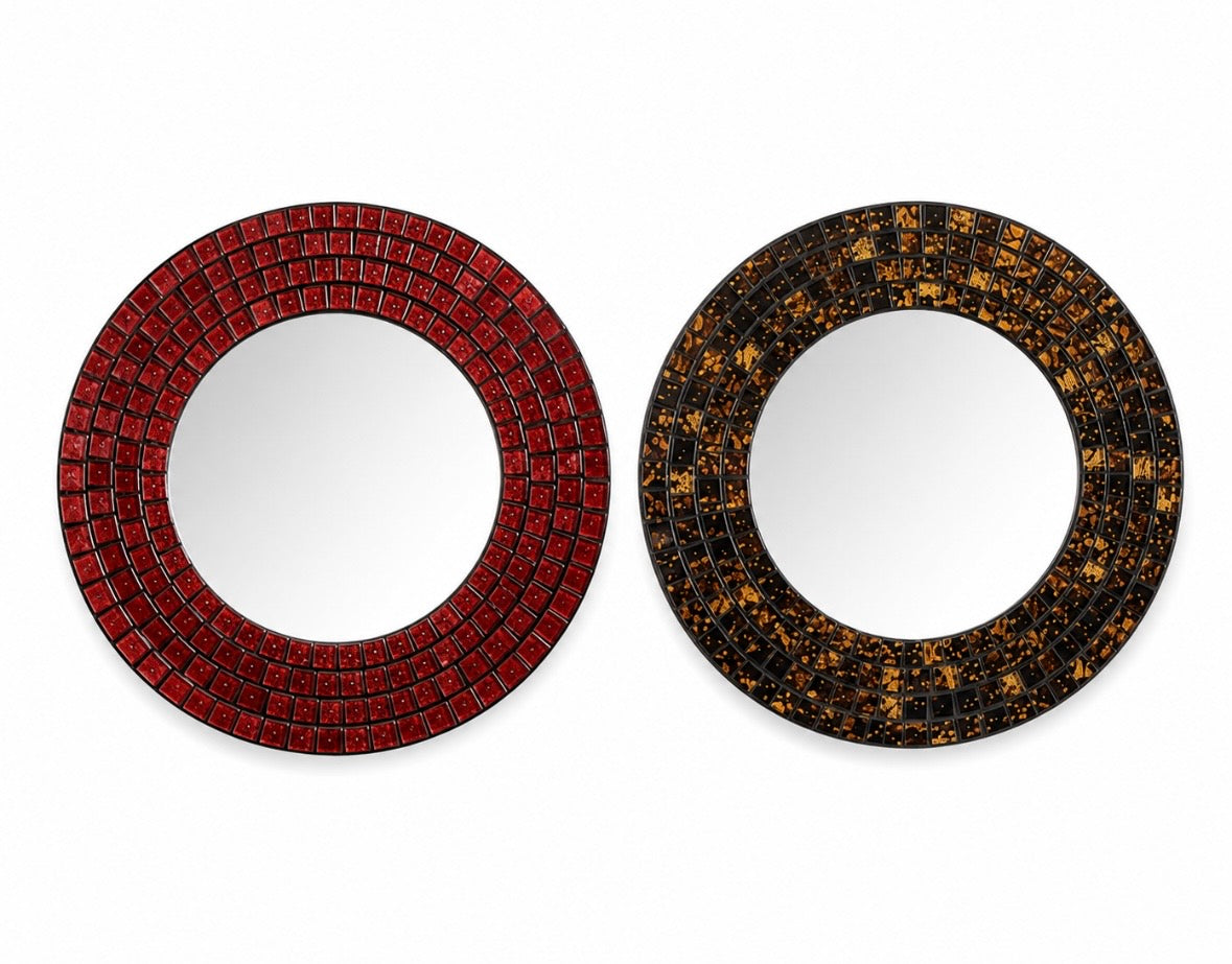 Lot de 2 miroirs mosaïque vintage – Rouge rubis & Brun doré – Ø 20 cm