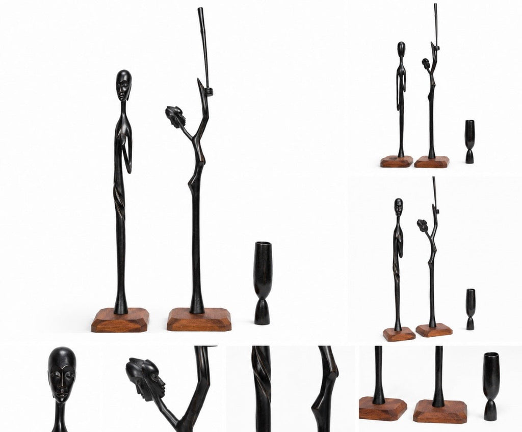 Duo de statues Massaï en bois d'ébène avec vase – Art africain sculpté
