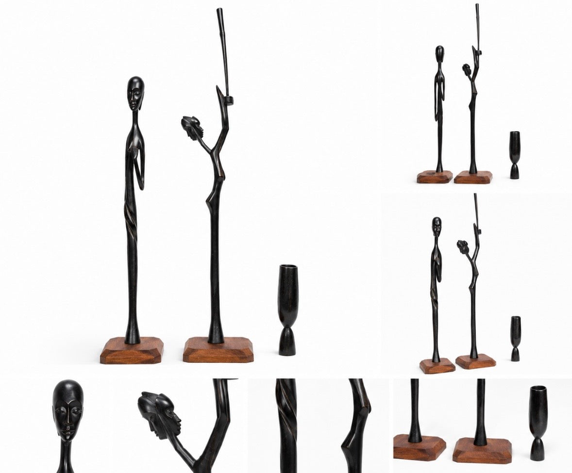 Duo de statues Massaï en bois d'ébène avec vase – Art africain sculpté