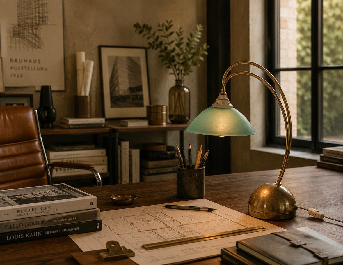 Lampe vintage arche en laiton et verre satiné vert d'eau