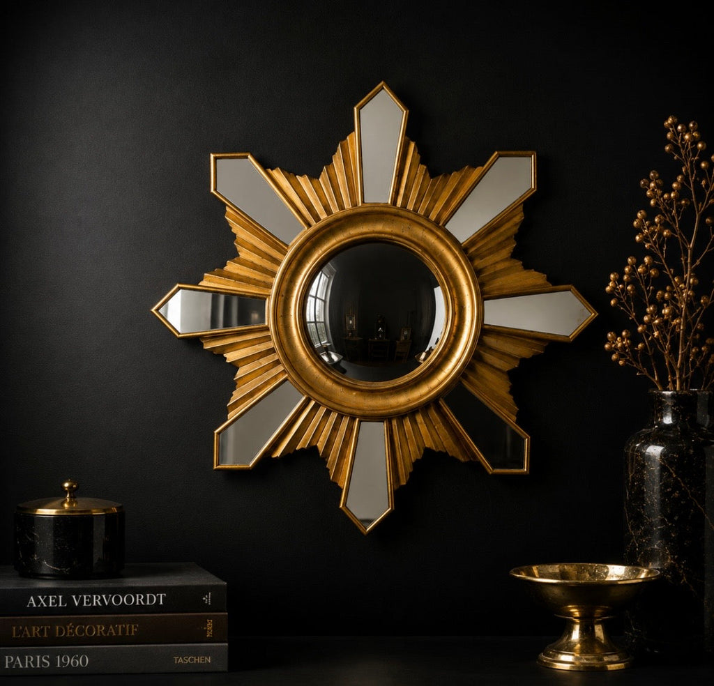 Miroir soleil vintage doré – 30 cm – Esprit Hollywood Regency