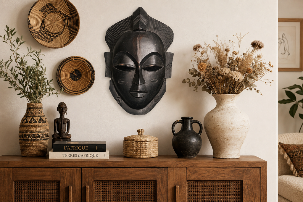 Grand masque africain en bois sculpté noir – 40 cm